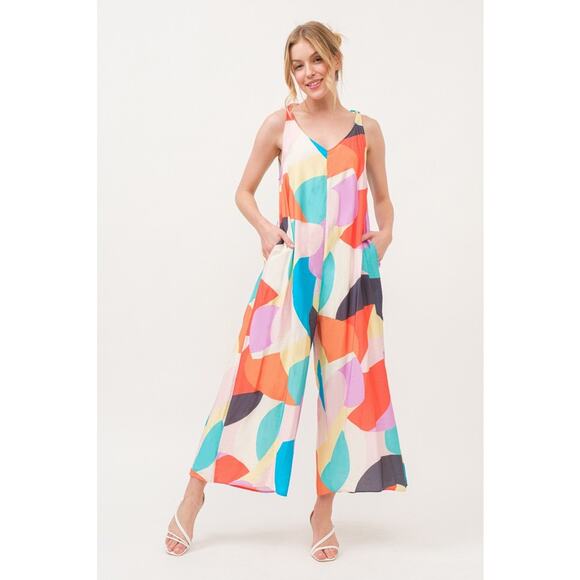 And The Why Tied Shoulder Straps Geo Print Pockets Wide Leg Jumpsuit | Yellow - Picture 2 of 11